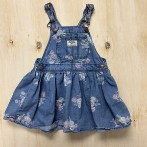 OshKosh B'gosh Overall Dress Girls 3T Denim Floral Adjustable Straps Pockets